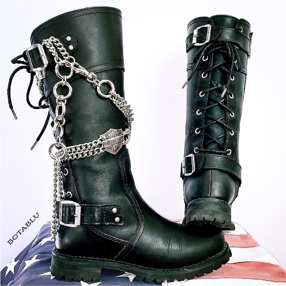HARLEY-DAVIDSON Black Leather Lace Up Zip Tall Knee High Biker Moto Boots 6.5 - Picture 9 of 10